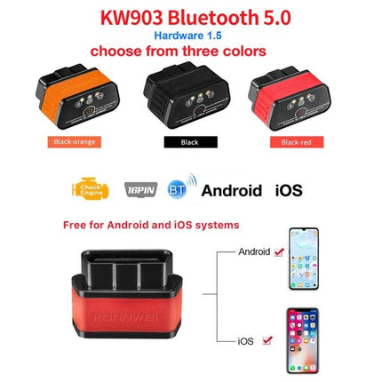 Konnwei Device for Routine Car Maintenance Checks - KW903 Bluetooth OBDII scanner in black orange and red for Android and iOS