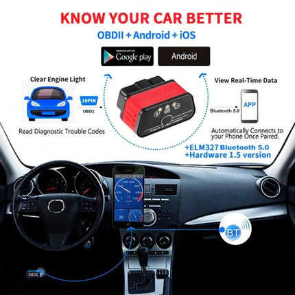 Konnwei Device for Routine Car Maintenance Checks plugged into dashboard OBDII port showing app real-time data and clear engine light