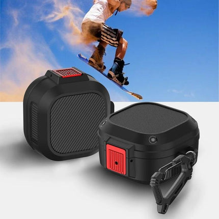 Silicone Case for Samsung Earbuds with Carabiner for Daily Use shown attached to portable speaker during outdoor activity