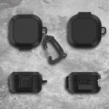 Silicone Case for Samsung Earbuds with Carabiner for Daily Use — rugged black silicone protective case with textured lid and carabiner