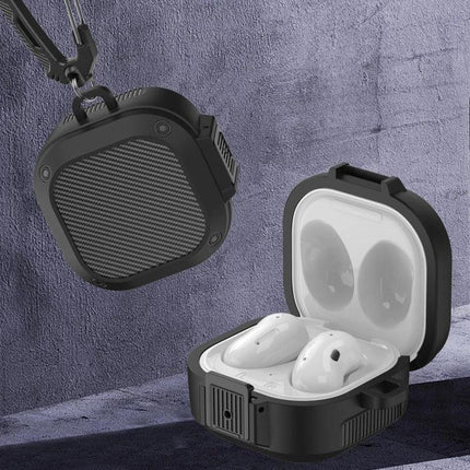 Silicone Case for Samsung Earbuds with Carabiner for Daily Use - black protective silicone case with carabiner shown open and closed