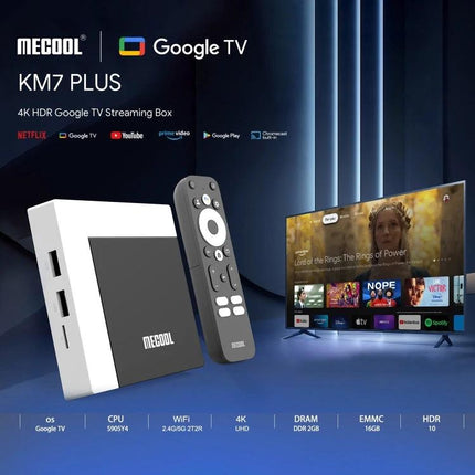 MECOOL KM7 Plus Android TV Box for Smart Streaming small white streaming box with remote and TV displaying Google TV apps