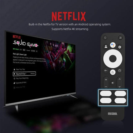MECOOL KM7 Plus Android TV Box for Smart Streaming showing TV with Netflix Squid Game and MECOOL remote with Chromecast support