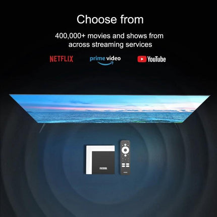 MECOOL KM7 Plus Android TV Box for Smart Streaming with remote showing Netflix Prime Video and YouTube streaming options
