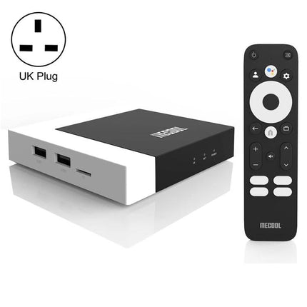MECOOL KM7 Plus Android TV Box for Smart Streaming with remote and UK plug shown