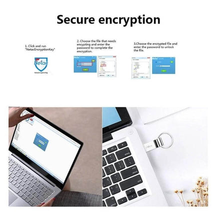 Netac U275 64GB USB Flash Drive for Secure Data Storage showing encryption software screens and USB drive connected to laptop