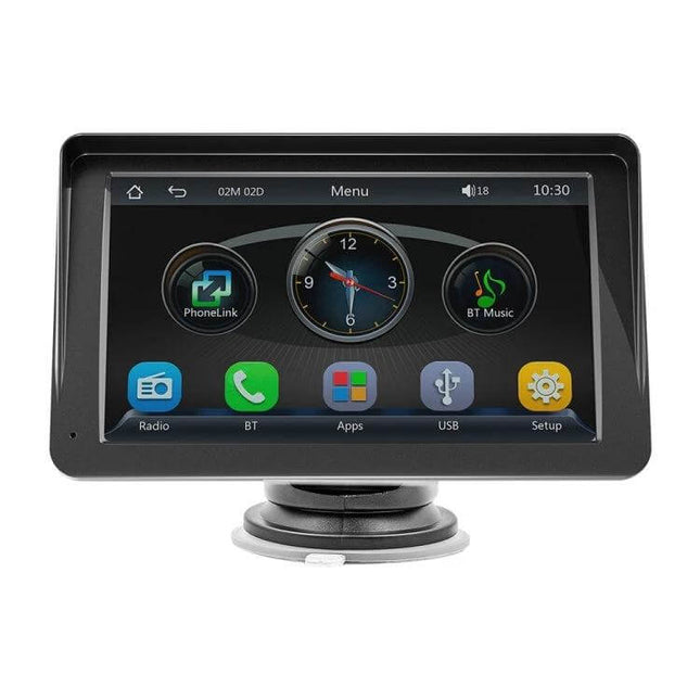 7 Inch Wireless CarPlay Bluetooth MP5 Player for Vehicles mounted dashboard screen showing app icons and clock for hands-free navigation and media