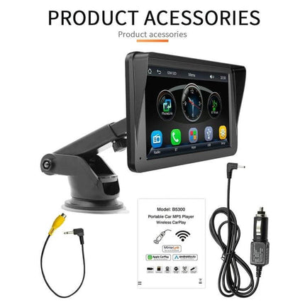 7 Inch Wireless CarPlay Bluetooth MP5 Player for Vehicles mounted on dashboard with suction arm, USB car charger, AV cable and user manual