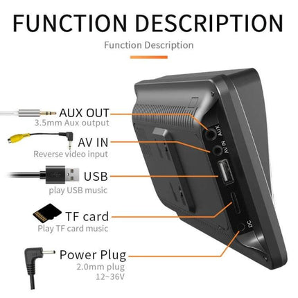 7 Inch Wireless CarPlay Bluetooth MP5 Player for Vehicles showing AUX OUT, AV IN, USB, TF card and power plug ports