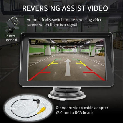 7 Inch Wireless CarPlay Bluetooth MP5 Player for Vehicles showing reversing assist video screen with parking guide lines and camera input