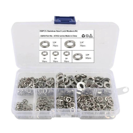 Stainless Steel Split Lock Washer Kit 6 Sizes: 304 stainless steel set with 350pcs, sizes 4#,6#,8#,10#,12# and 1/4", multiple counts per size in plastic organizer