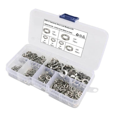 Stainless Steel Split Lock Washer Kit 6 Sizes in clear plastic organizer showing 6 compartments with 304 stainless split lock washers
