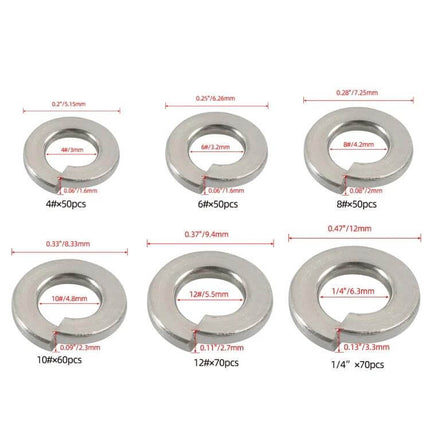 Stainless Steel Split Lock Washer Kit 6 Sizes - 304 stainless steel set with sizes 4#,6#,8#,10#,12# and 1/4", assorted counts for corrosion resistance