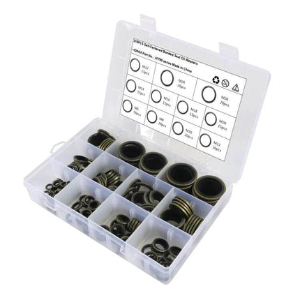 Oil Seal Washer Kit 11 Sizes For Sealing Pipe Joints in plastic organizer, rubber-metal oil-resistant washers M6–M26 for threaded pipe joints