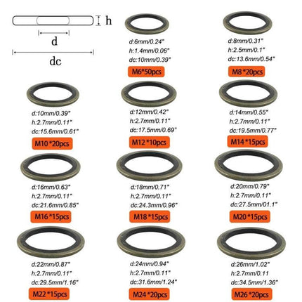 Oil Seal Washer Kit 11 Sizes For Sealing Pipe Joints - rubber/metal washers M6-M26 for oil-resistant, high-temp threaded pipe seals