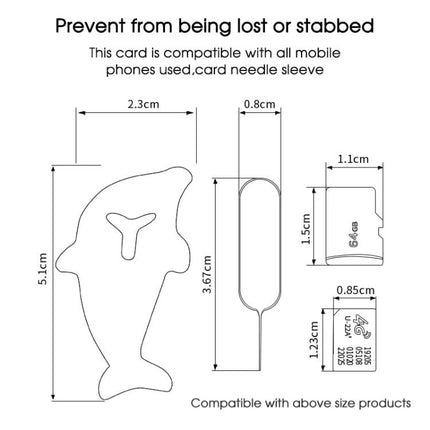 Dolphin-Shaped SIM Card Eject Tool Set for Smartphones diagram showing dimensions and compatibility of dolphin cover and 2-in-1 needle