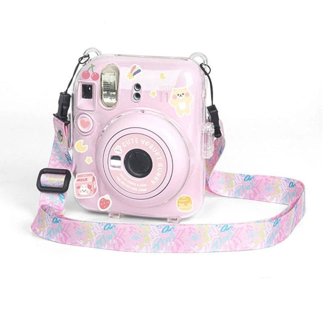 Acrylic Protective Case with Shoulder Strap for Fujifilm Instax Mini 12 - clear pink case with pastel patterned strap