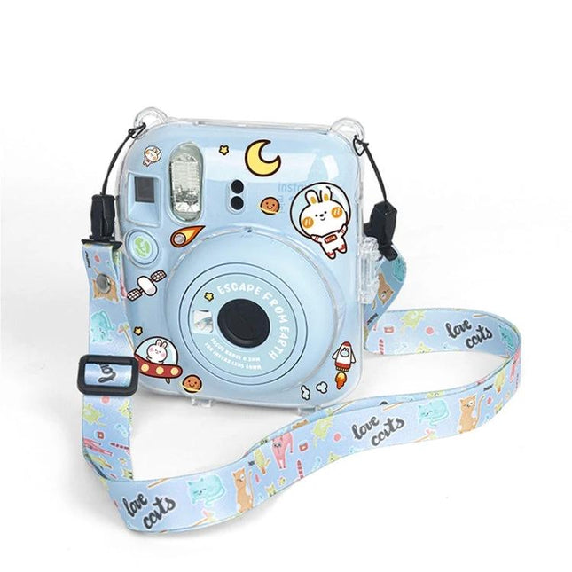 Acrylic Protective Case with Shoulder Strap for Fujifilm Instax Mini 12 - clear cute blue cartoon camera cover with patterned strap