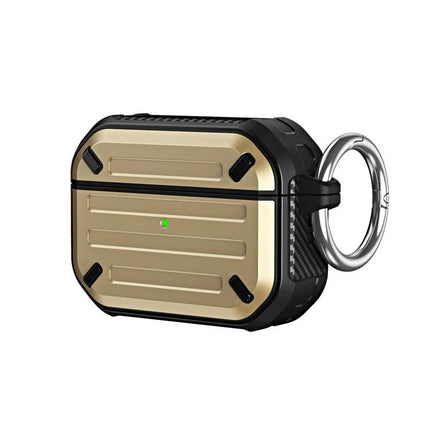 Essential Protective Case for AirPods in Daily Activities - gold rugged TPU+PC case with carabiner, slim dust and impact protection, quick-charge access