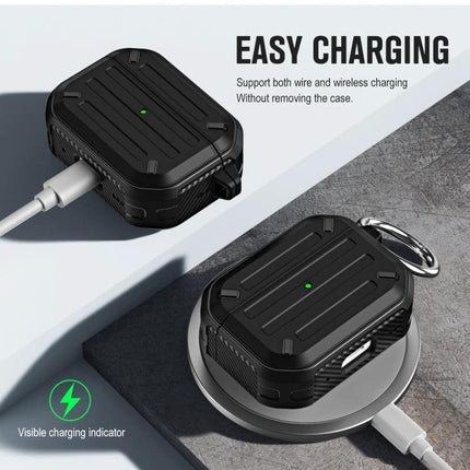 Essential Protective Case for AirPods in Daily Activities – durable TPU/PC rugged black case with easy wired and wireless charging, visible LED indicator, keyring ready