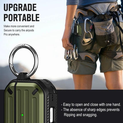 Essential Protective Case for AirPods in Daily Activities green rugged TPU case with carabiner attached to a hiker's belt for commuting and workouts