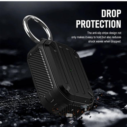 Essential Protective Case for AirPods in Daily Activities - rugged black TPU/PC case with keyring, drop protection, dust-resistant design, easy access and charging