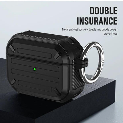 Essential Protective Case for AirPods in Daily Activities — rugged black TPU/PC case with metal ring, slim dust and impact protection, quick charging access