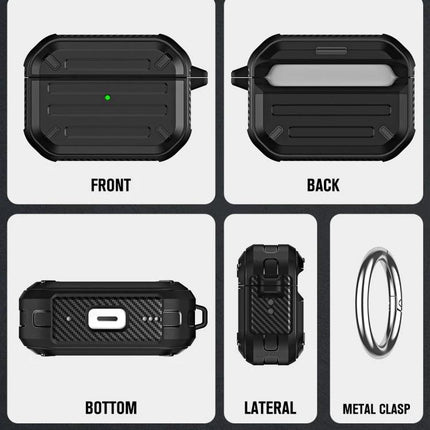 Essential Protective Case for AirPods in Daily Activities — black TPU/PC protective AirPods case showing front, back, bottom, lateral views and metal clasp