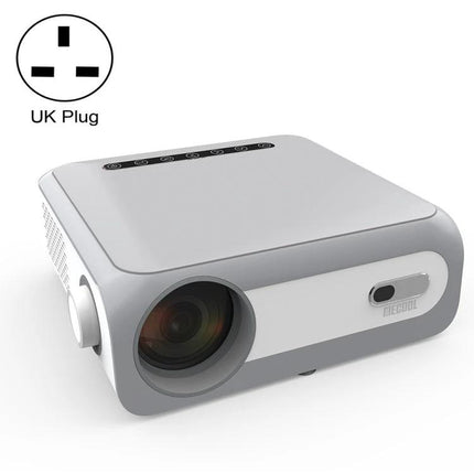 MECOOL KP1 Portable Smart Projector for Streaming Movies showing front lens and top controls in white-grey portable design