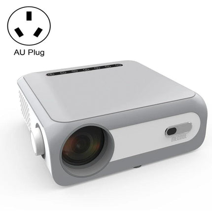 MECOOL KP1 Portable Smart Projector for Streaming Movies showing front lens and AU plug icon, compact FHD LCD home theater projector