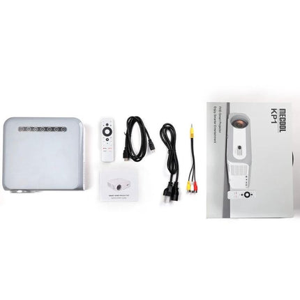 MECOOL KP1 Portable Smart Projector for Streaming Movies with remote, cables, and box laid out for home entertainment setup