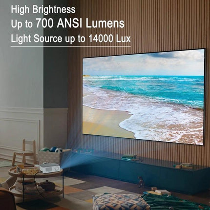 MECOOL KP1 Portable Smart Projector for Streaming Movies projecting FHD beach scene in living room with up to 700 ANSI lumens brightness