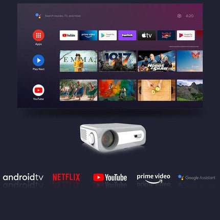 MECOOL KP1 Portable Smart Projector for Streaming Movies showing home theater interface with Netflix YouTube and Prime Video icons
