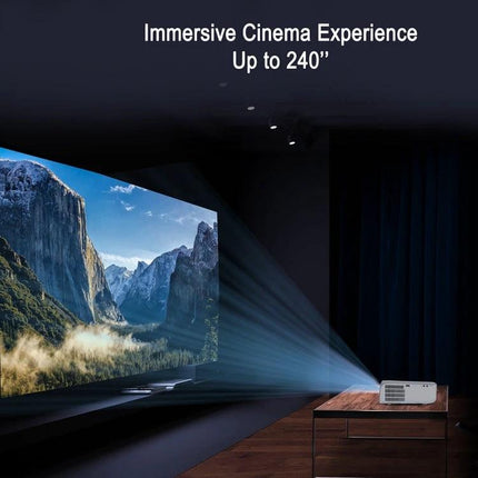MECOOL KP1 Portable Smart Projector for Streaming Movies showing immersive 240-inch cinema projection in a dark home theater