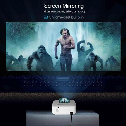 MECOOL KP1 Portable Smart Projector for Streaming Movies projecting a movie scene with screen mirroring and Chromecast built-in