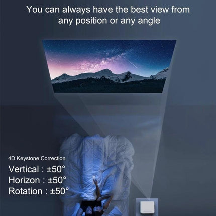 MECOOL KP1 Portable Smart Projector for Streaming Movies projecting a crisp FHD image with 4D keystone correction for flexible viewing angles