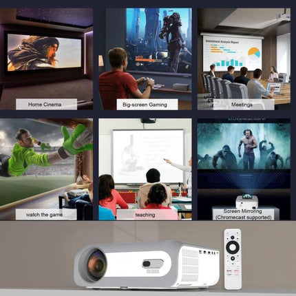 MECOOL KP1 Portable Smart Projector for Streaming Movies showing home cinema, big-screen gaming, meetings, sports, teaching and screen mirroring
