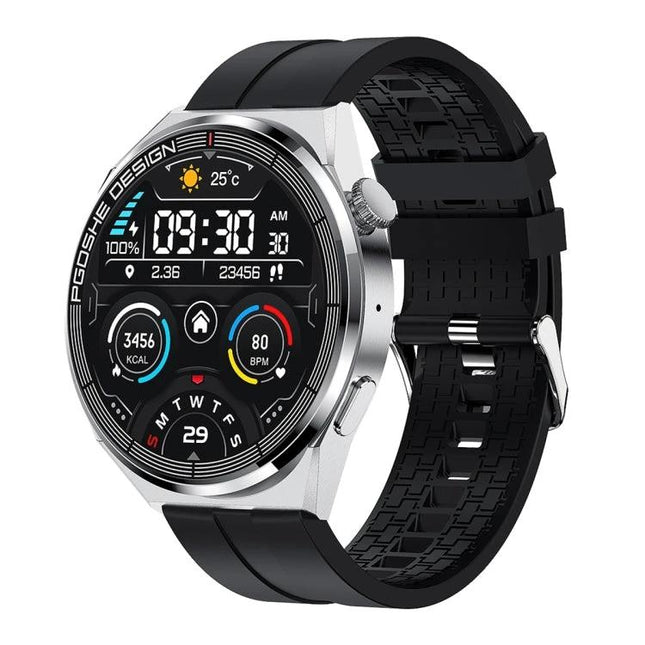 Daily Activity Tracker Watch for Everyday Health Monitoring showing steps, heart rate, calories, time, and phone notifications on a sleek black smartwatch