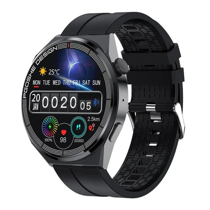 Daily Activity Tracker Watch for Everyday Health Monitoring showing black smartwatch with step, heart rate, and notification display