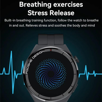 Daily Activity Tracker Watch for Everyday Health Monitoring showing breathing exercises screen with stress release and heart rate waveform