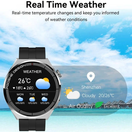 Daily Activity Tracker Watch for Everyday Health Monitoring - smartwatch showing real-time weather, temperature, steps and heart rate on beach background