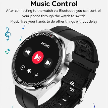 Daily Activity Tracker Watch for Everyday Health Monitoring showing music control screen, black strap and round silver case displaying play and skip icons