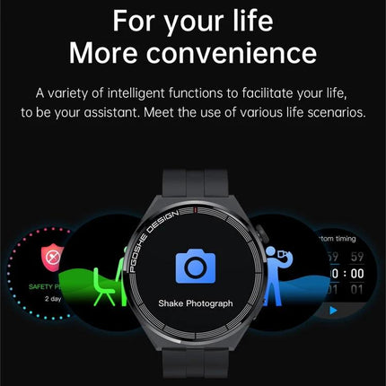Daily Activity Tracker Watch for Everyday Health Monitoring - sleek black smartwatch showing shake photograph camera feature and activity icons