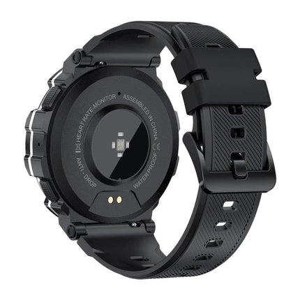 Versatile Smart Watch for Everyday Health and Activity Tracking shown from back with heart rate sensor and black adjustable silicone strap