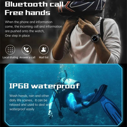 Versatile Smart Watch for Everyday Health and Activity Tracking showing Bluetooth call and IP68 waterproof features on wrist and while diving