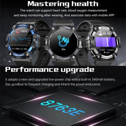 Versatile Smart Watch for Everyday Health and Activity Tracking showing heart rate, step count, sleep monitoring screens and 340mAh performance upgrade