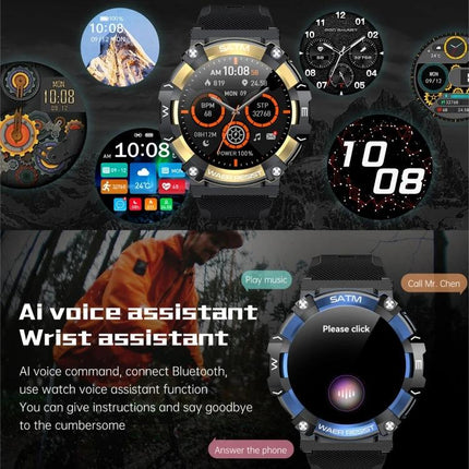 Versatile Smart Watch for Everyday Health and Activity Tracking showing multiple watch faces, step count, heart rate, sleep and AI voice assistant features