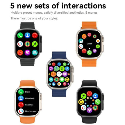 Convenient Smart Watch for Daily Health Monitoring displaying five watches with colorful app icons, heart rate and activity screens