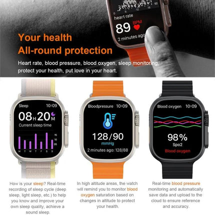 Convenient Smart Watch for Daily Health Monitoring showing heart rate, blood pressure, sleep and blood oxygen screens on wrist devices
