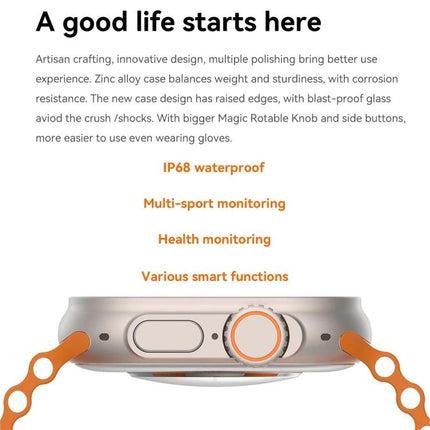 Convenient Smart Watch for Daily Health Monitoring side view showing metal case, rotatable knob, IP68 waterproof and health monitoring features